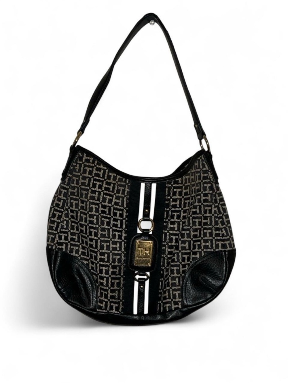 Y2K Tommy Hilfiger Black White Geometric Logo Hobo Shoulder Bag